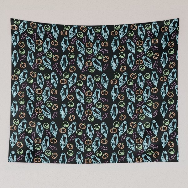 Item preview, Neon Halloween Pattern with Skulls, Ghosts, Pumpkins & Bats designed and sold by Hallowed Artistry.