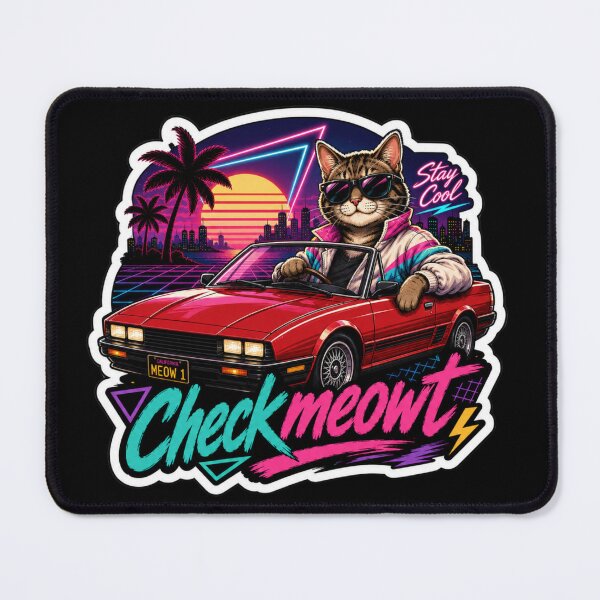 Item preview, Checkmeowt 80s Synthwave Cat Driving Retro Convertible designed and sold by extrisiceye.