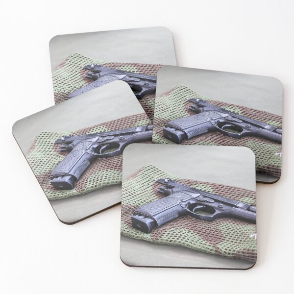 Item preview, Black Pistol Handgun Laid on Camouflage Mesh Cloth Ready for Inspection or Display on Table designed and sold by Nmallia.