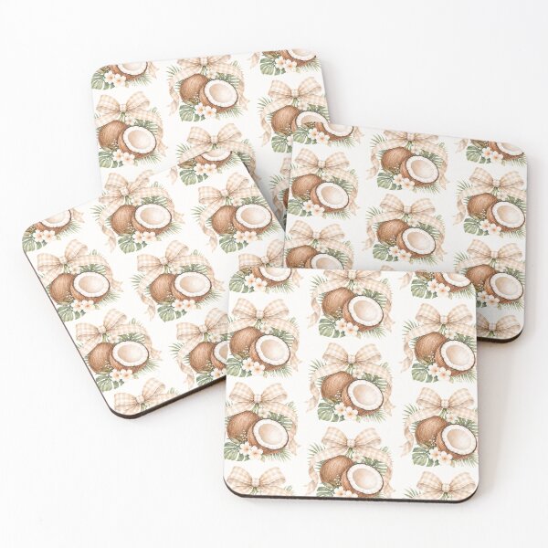 Item preview, Tropical Coconut and Palm Leaves Watercolor Illustration with Beige Gingham Bow and Island Floral Decor designed and sold by looplandger.