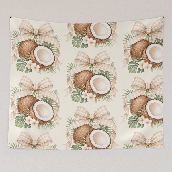 Item preview, Tropical Coconut and Palm Leaves Watercolor Illustration with Beige Gingham Bow and Island Floral Decor designed and sold by looplandger.