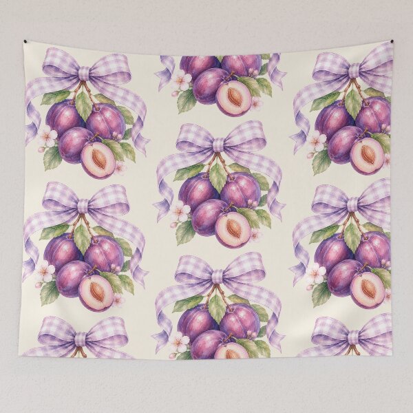 Item preview, Watercolor Purple Plum Illustration with Lavender Gingham Bow, Plum Blossoms and Cottagecore Fruit Aesthetic designed and sold by looplandger.