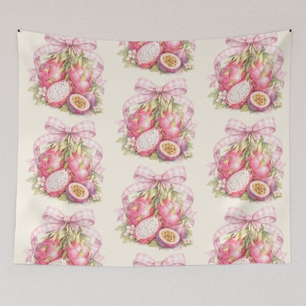 Item preview, Watercolor Dragon Fruit and Passion Fruit Illustration with Pink Gingham Bow and Tropical Fruit Arrangement designed and sold by looplandger.
