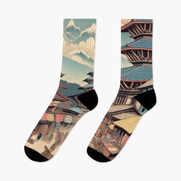 Item preview, Kathmandu Nepal Ukiyo-e Art Print | Himalayan Pagodas and Street Market | Japanese Woodblock Style designed and sold by Vandy Fullam.