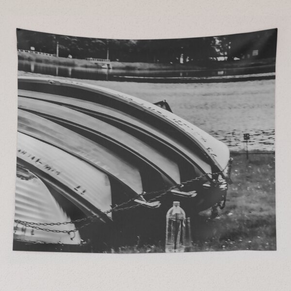 Item preview, Nostalgic Lakeside Rowboats: Monochrome Landscape Art designed and sold by Apex_Visuals.