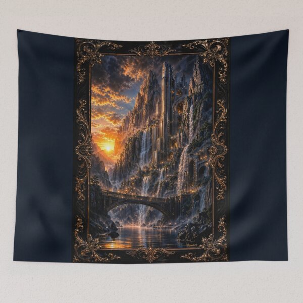 Item preview, Majestic Waterfall City Of Sylvandor Amidst Golden Sunset Sublime AI Concept Art by Xzendor7 designed and sold by Xzendor7 Digital Art Creations.