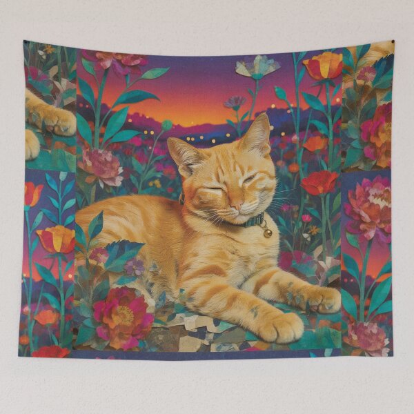 Item preview, Zen Orange Cat in Floral Garden Paper Collage designed and sold by PorfileJ.