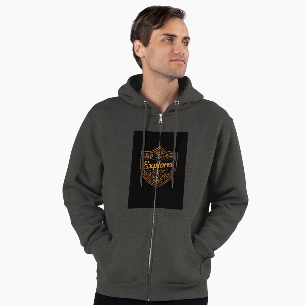 Explorer Vintage Crest Adventure Emblem on a zip hoodie