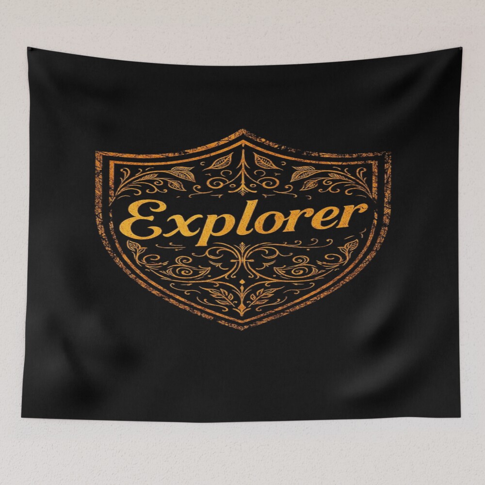 Explorer Vintage Crest Adventure Emblem on a tapestry