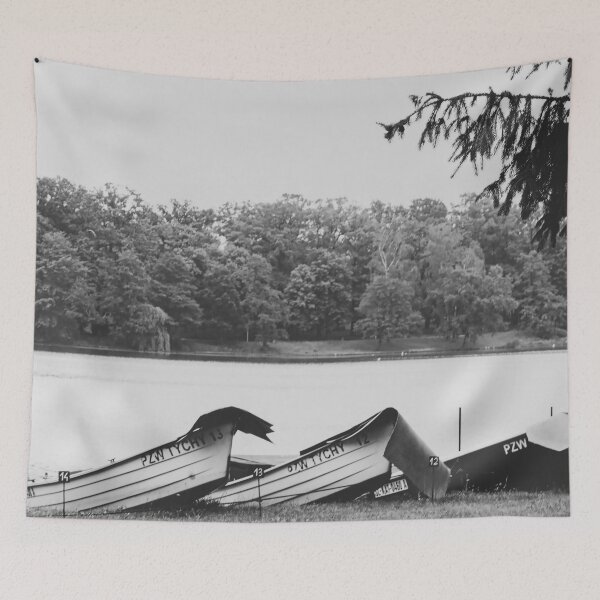 Item preview, Boats on the Shore: Moody Black and White Lake Landscape designed and sold by Apex_Visuals.