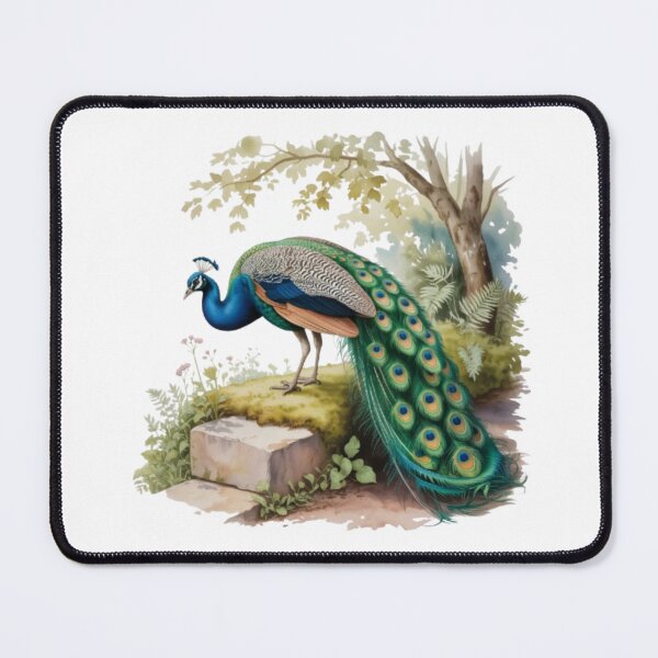 Item preview, Majestic peacock in a watercolor-style garden against a black background designed and sold by SharpAura25.