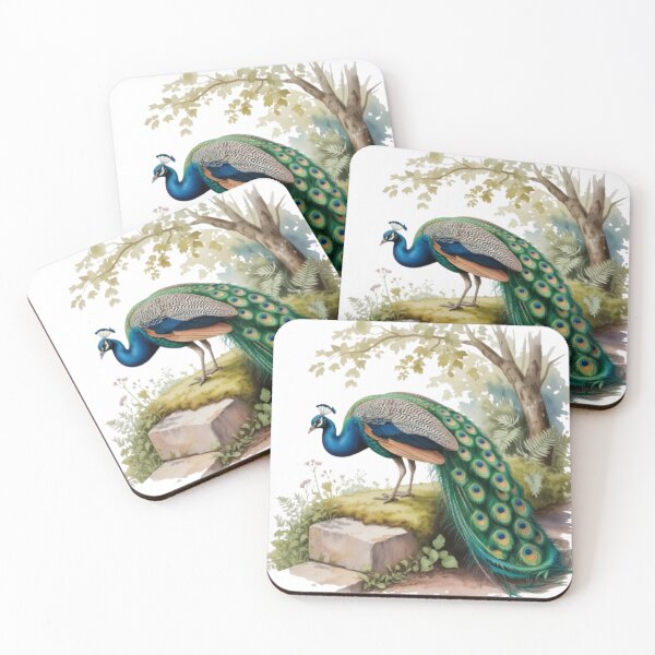 Item preview, Majestic peacock in a watercolor-style garden against a black background designed and sold by SharpAura25.