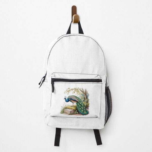 Item preview, Majestic peacock in a watercolor-style garden against a black background designed and sold by SharpAura25.