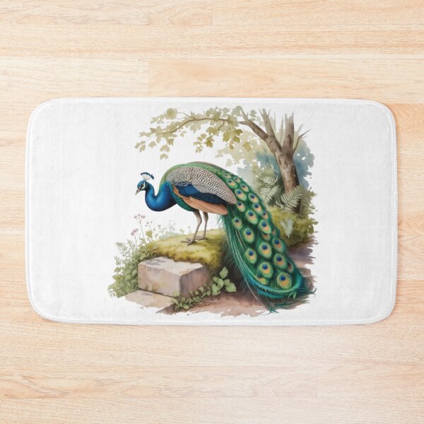 Item preview, Majestic peacock in a watercolor-style garden against a black background designed and sold by SharpAura25.