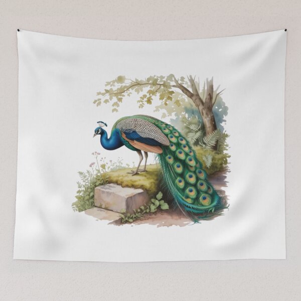 Item preview, Majestic peacock in a watercolor-style garden against a black background designed and sold by SharpAura25.