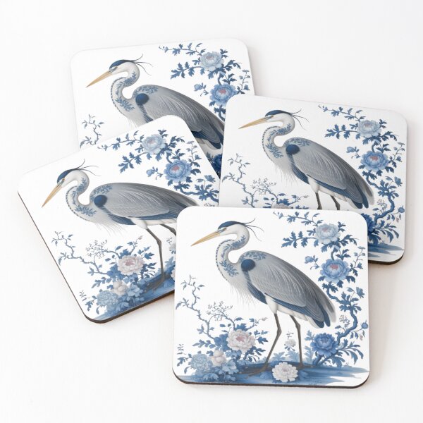 Item preview, Elegant Heron in Blue and White Porcelain and Peonies on a Black Background (Chinoiserie Style) designed and sold by SharpAura25.