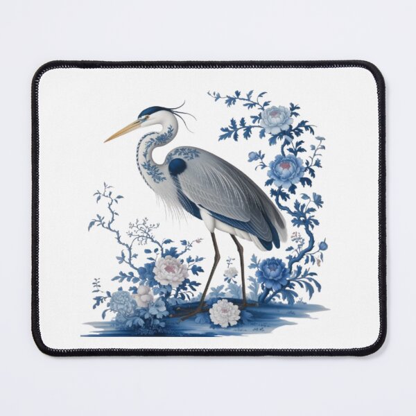 Item preview, Elegant Heron in Blue and White Porcelain and Peonies on a Black Background (Chinoiserie Style) designed and sold by SharpAura25.