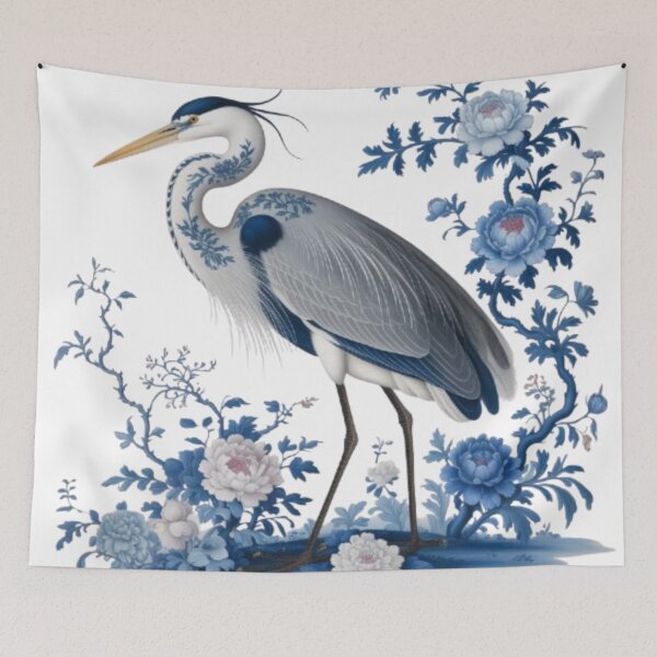 Item preview, Elegant Heron in Blue and White Porcelain and Peonies on a Black Background (Chinoiserie Style) designed and sold by SharpAura25.