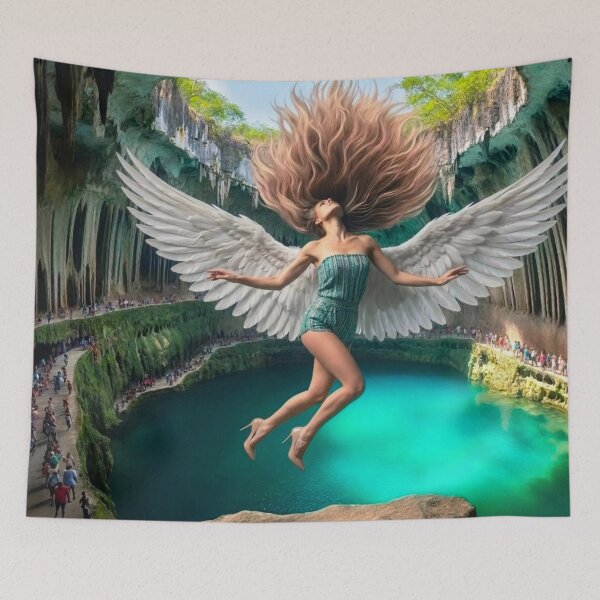 Item preview, Floating Angel Woman with Wings in Turquoise Cenote | AI-Generated Fantasy Art designed and sold by IRON SIREN.
