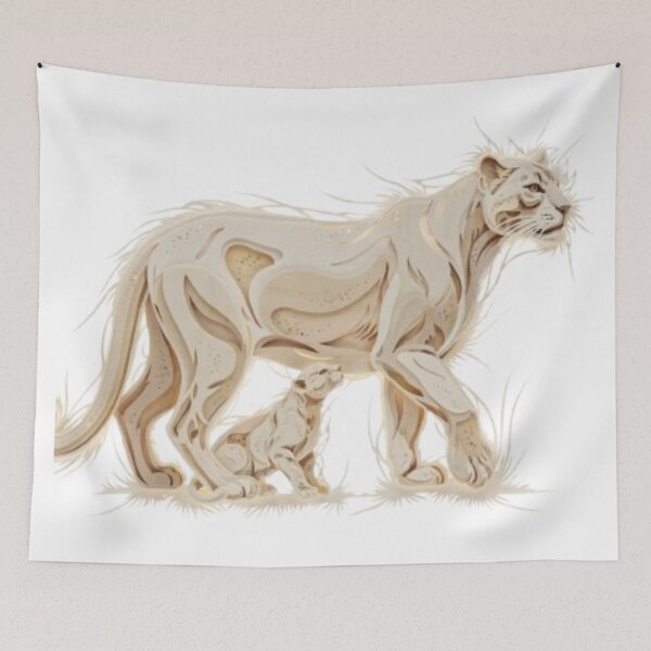 Item preview, Elegant paper cutout lioness and cub on a black background designed and sold by SharpAura25.