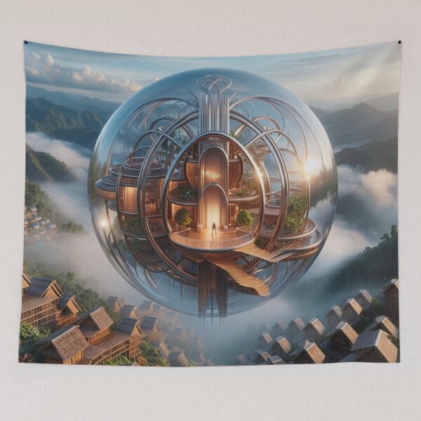Item preview, Futuristic Glass Pod House Floating Over Village | AI-Generated Sci-Fi Architecture designed and sold by IRON SIREN.