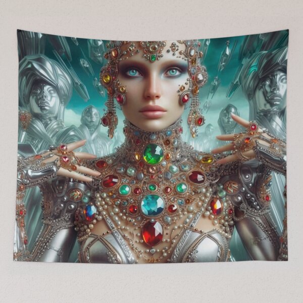 Item preview, Futuristic AI Android Queen with Crystal Crown | Sci-Fi Royalty Art Print designed and sold by IRON SIREN.