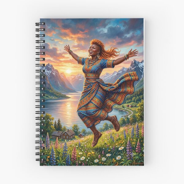 Item preview, HAPPY WOMAN DANCING IN A FJORDY LANDSCAPE WITH WILDFLOWERS designed and sold by Curiosiart.