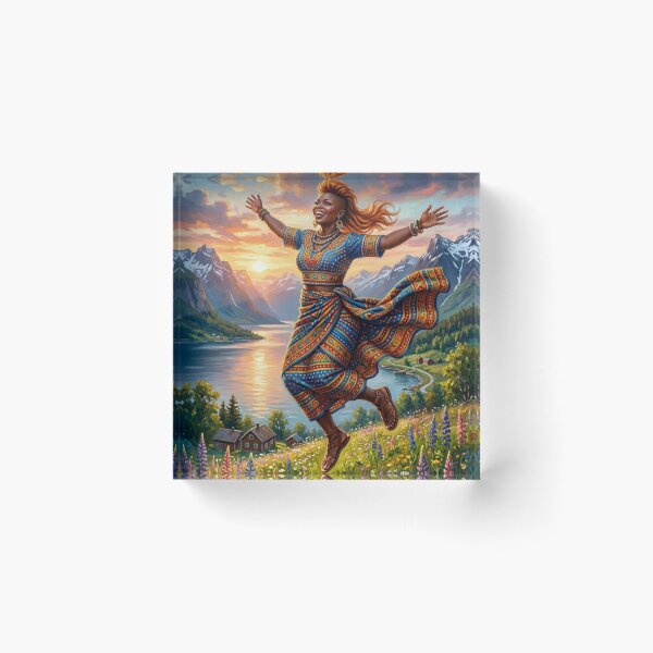 Item preview, HAPPY WOMAN DANCING IN A FJORDY LANDSCAPE WITH WILDFLOWERS designed and sold by Curiosiart.