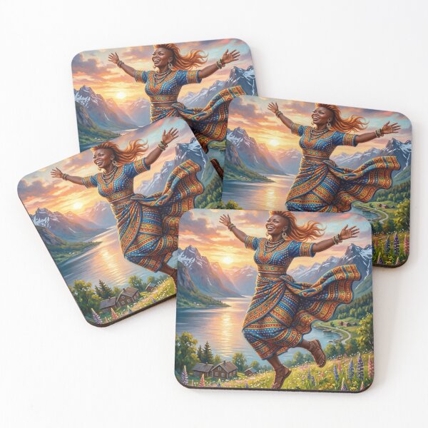 Item preview, HAPPY WOMAN DANCING IN A FJORDY LANDSCAPE WITH WILDFLOWERS designed and sold by Curiosiart.
