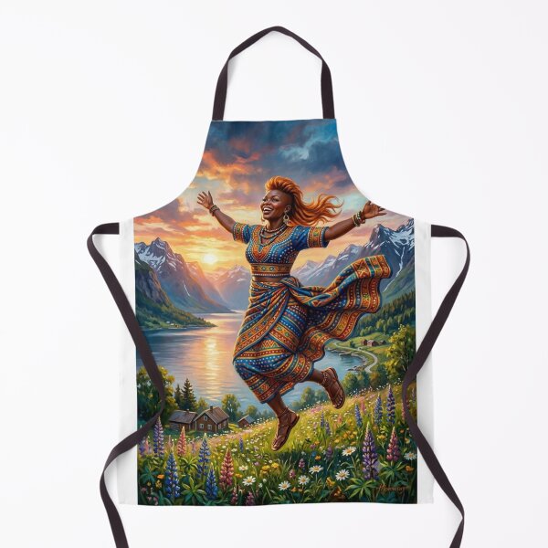Item preview, HAPPY WOMAN DANCING IN A FJORDY LANDSCAPE WITH WILDFLOWERS designed and sold by Curiosiart.