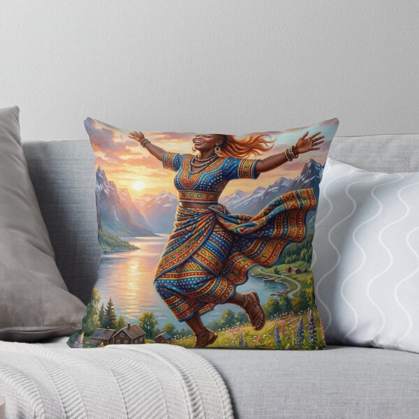 Item preview, HAPPY WOMAN DANCING IN A FJORDY LANDSCAPE WITH WILDFLOWERS designed and sold by Curiosiart.
