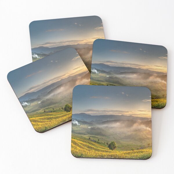 Item preview, Golden Sunset Over Terraced Rice Fields Mountain Valley Landscape Photography designed and sold by PygmyTitan Photo.