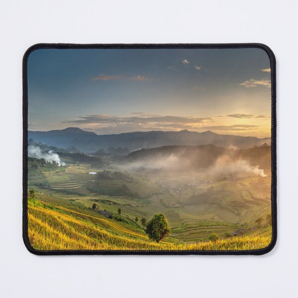Item preview, Golden Sunset Over Terraced Rice Fields Mountain Valley Landscape Photography designed and sold by JohnManuelPhoto.