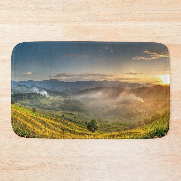 Item preview, Golden Sunset Over Terraced Rice Fields Mountain Valley Landscape Photography designed and sold by JohnManuelPhoto.