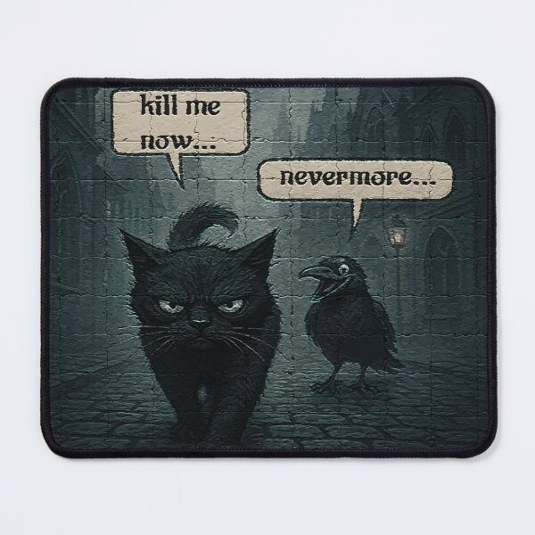 Item preview, Grumpy Cat & Cheerful Raven on Gothic Street – Dark Humor Illustration designed and sold by zoliartdesign.