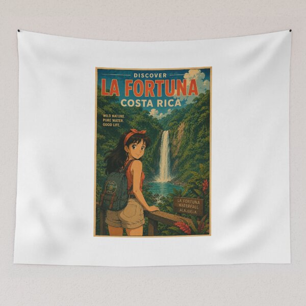 Item preview, La Fortuna Waterfall Costa Rica Retro Anime Travel Poster designed and sold by ElartedeNoel.