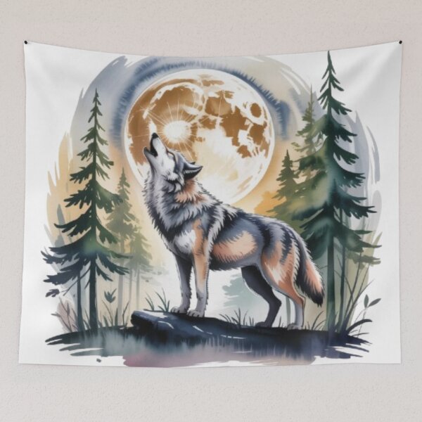 Item preview, Howling Wolf at the Full Moon in a Pine Forest (Watercolor Style) designed and sold by SharpAura25.