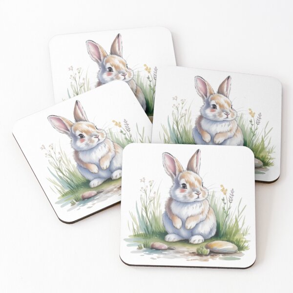 Item preview, Cute Watercolor Rabbit in Grass and Wildflowers on a Black Background designed and sold by SharpAura25.