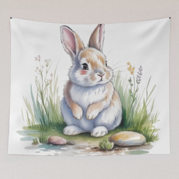 Item preview, Cute Watercolor Rabbit in Grass and Wildflowers on a Black Background designed and sold by SharpAura25.