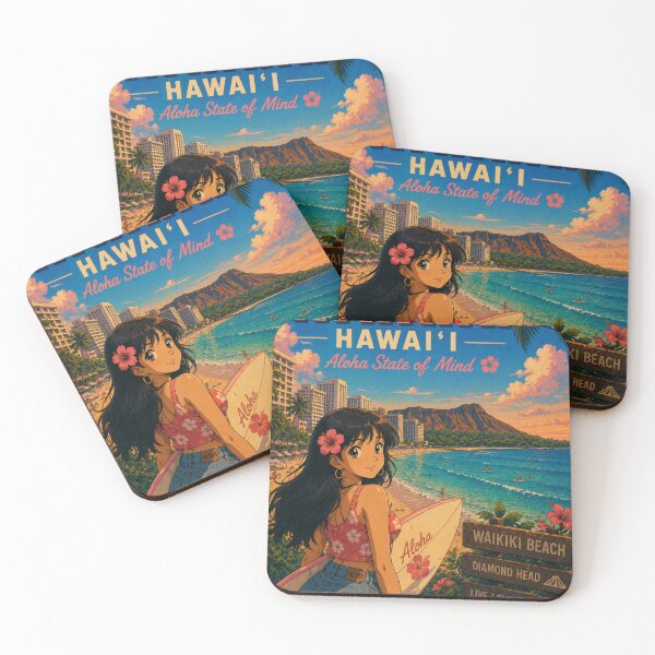 Item preview, Waikiki Beach Hawaii Retro Anime Travel Poster designed and sold by ElartedeNoel.
