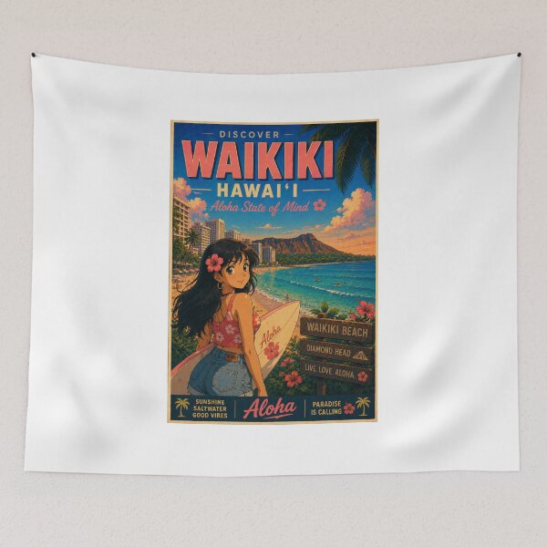 Item preview, Waikiki Beach Hawaii Retro Anime Travel Poster designed and sold by ElartedeNoel.
