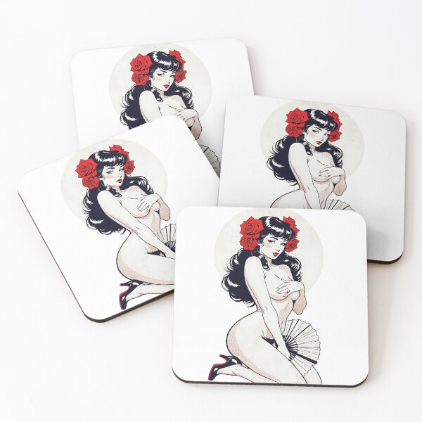 Item preview, Retro Pin-Up Nude with Red Roses and Fan designed and sold by HappyOops.