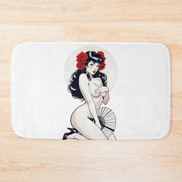 Item preview, Retro Pin-Up Nude with Red Roses and Fan designed and sold by HappyOops.