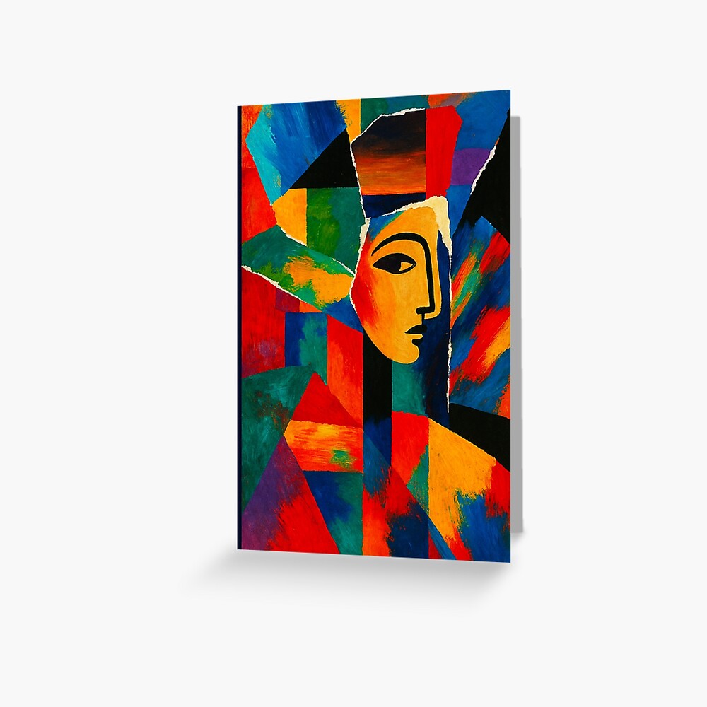 Colorful Cubist Face Abstract Portrait Art on a greeting card