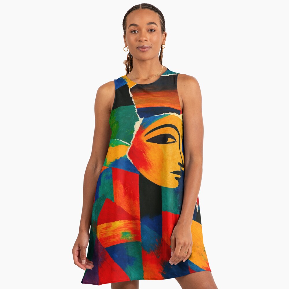 Colorful Cubist Face Abstract Portrait Art on a a-line dress