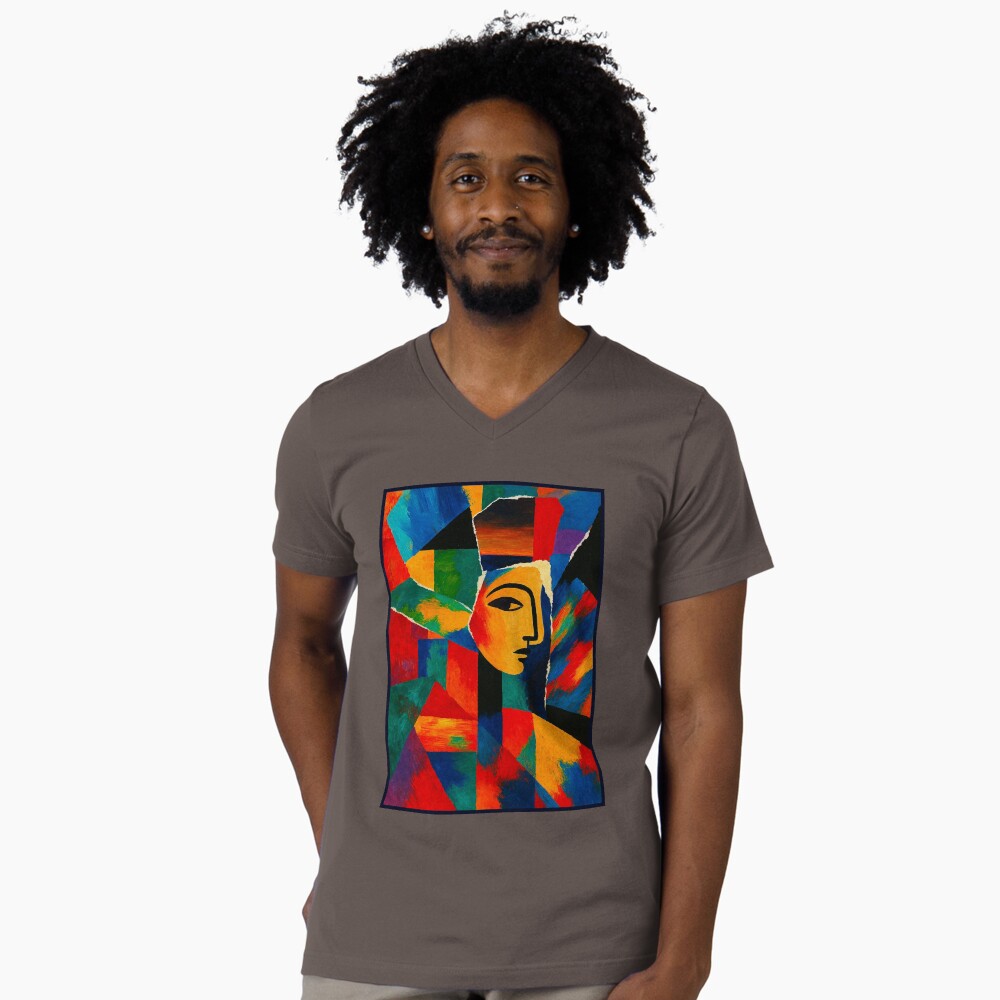 Colorful Cubist Face Abstract Portrait Art on a v-neck t-shirt