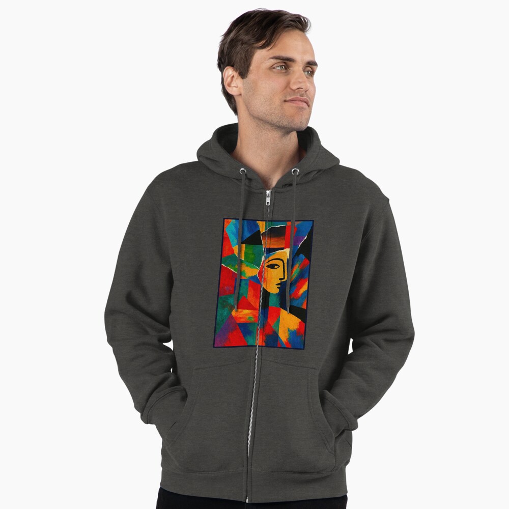 Colorful Cubist Face Abstract Portrait Art on a zip hoodie