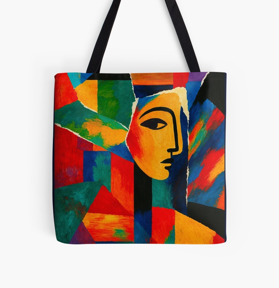 Colorful Cubist Face Abstract Portrait Art on a tote bag
