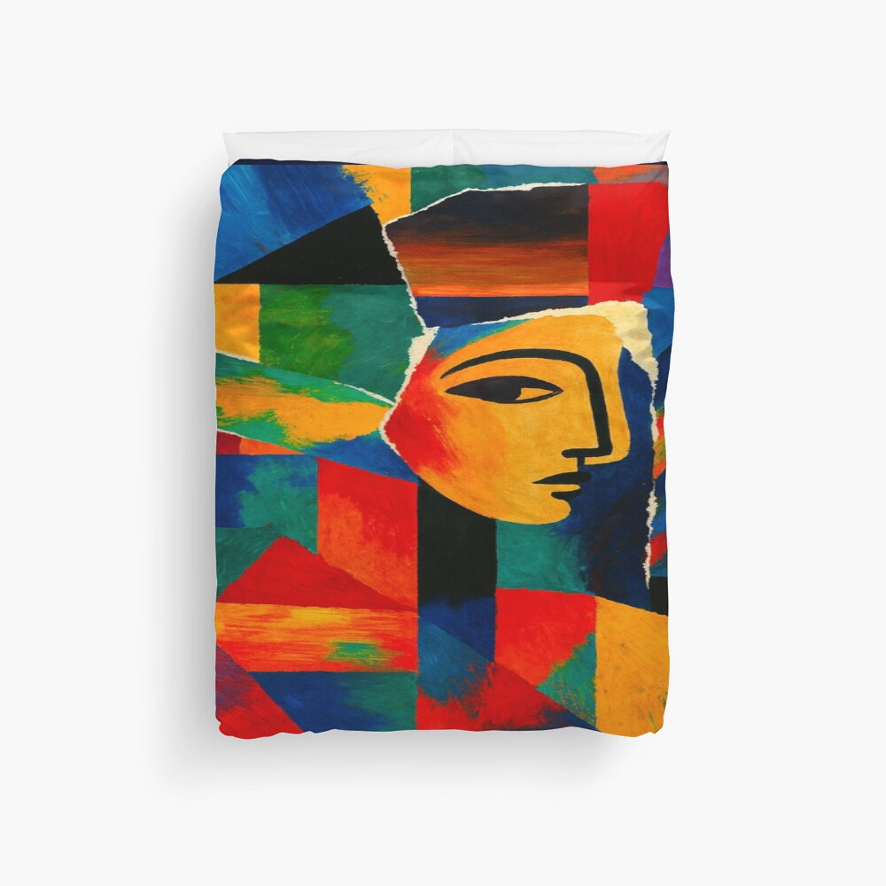 Colorful Cubist Face Abstract Portrait Art on a duvet cover