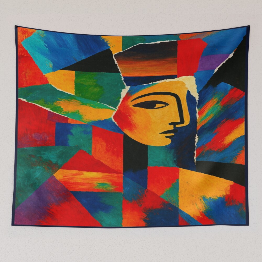 Colorful Cubist Face Abstract Portrait Art on a tapestry